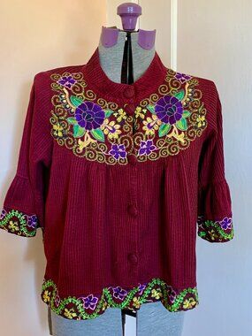 Red Burgundy Top Blouse M Floral Multicolor Embroidered 100% Cotton Pleats Bell
